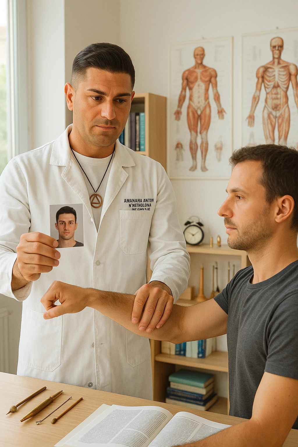 a middle-aged man, dressed in casual professional attire, is in a bright, organized therapy studio. Durante una visita di kinesiologia, il ragazzo tiene con una mano la foto di una persona lontana (il “testimone”) tiene la foto in mano, mentre con l’altra mano esegue un test muscolare su un cliente presente senza foto. Sullo sfondo si vedono libri di kinesiologia, poster anatomici e strumenti tipici della disciplina. L’atmosfera è concentrata e serena, con luce naturale che entra dalla finestra, sottolineando l’aspetto alternativo e umano della pratica. emoji