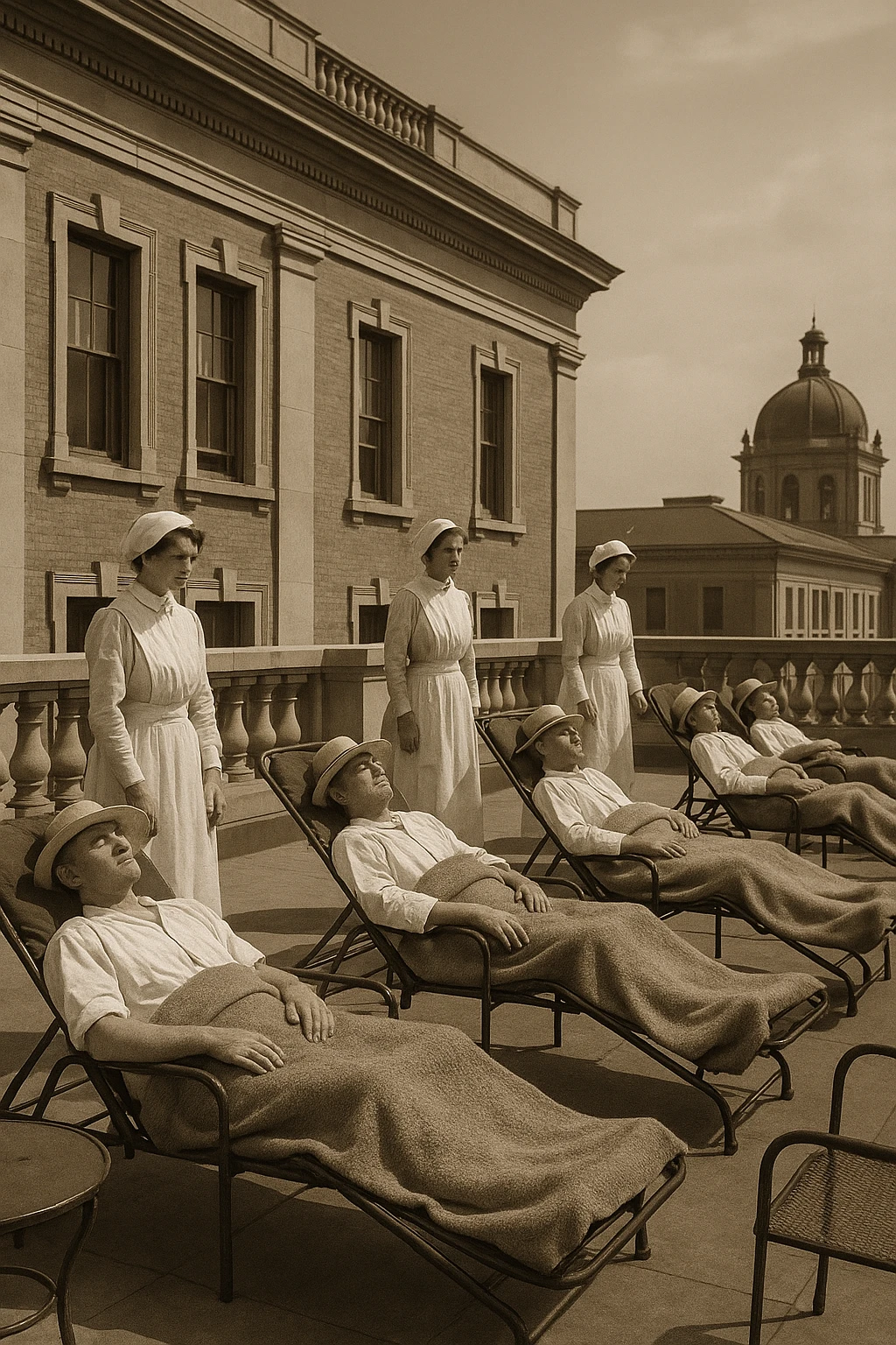 A realistic cinematic image of a hospital rooftop solarium from the 1900s, patients sunbathing under nurse supervision for heliotherapy against tuberculosis and rickets. emoji