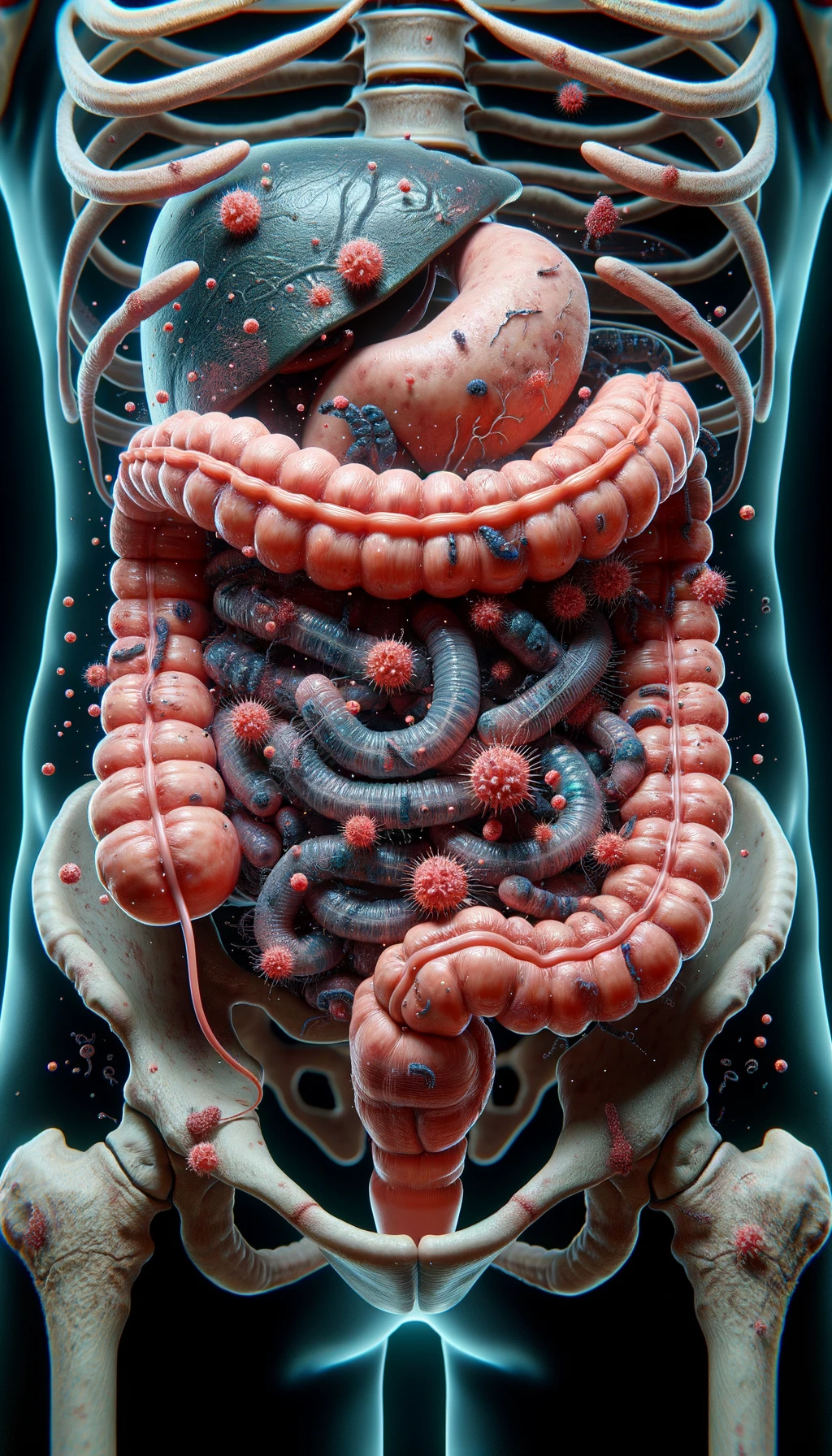 INTESTINO UMANO ANATOMICO REALISTICO CIRCONDATO DA PARASSITI E BATTERI INTESTINALI, IPERREALISTICO 4K emoji