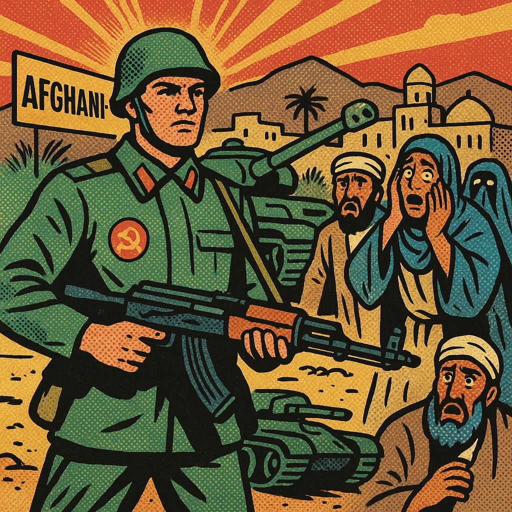 Soviet tanks with the communist party badge on the side invading Afghanistan in 1979. One Soviet soldier is standing with a machine gun. The background shows a middle eastern country with Afghan people in shock. There is a sign saying Afghanistan in the background emoji