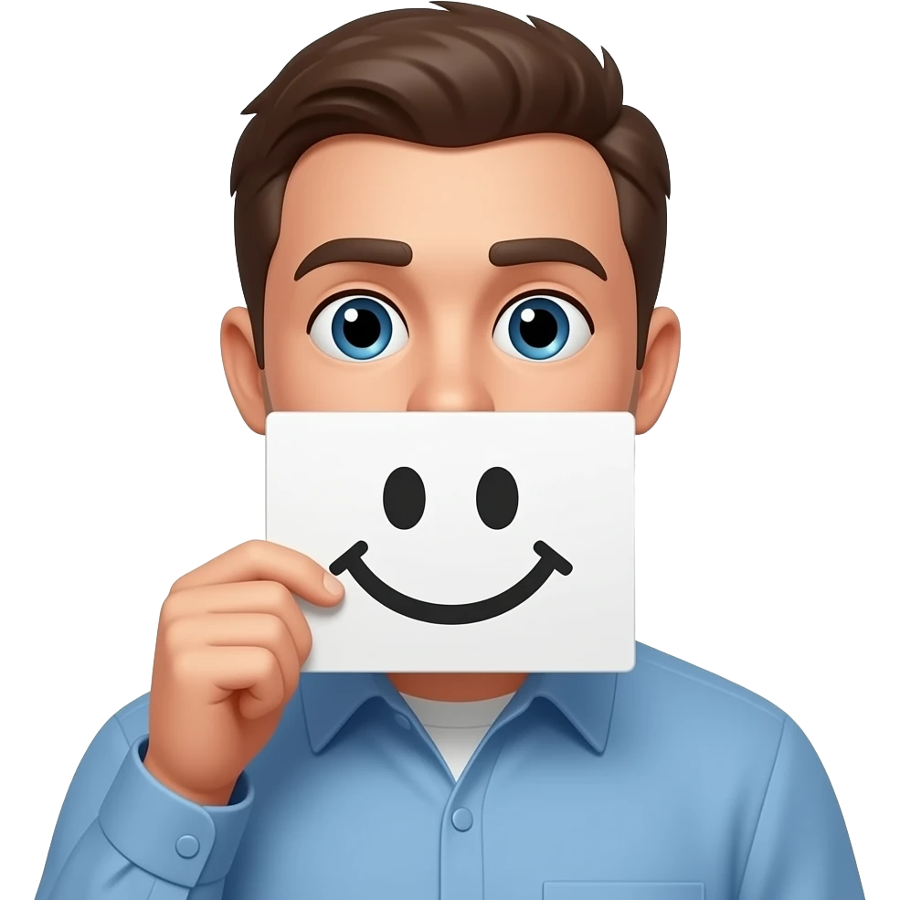 A guy holding up a sign over his mouth that has a smile on it emoji