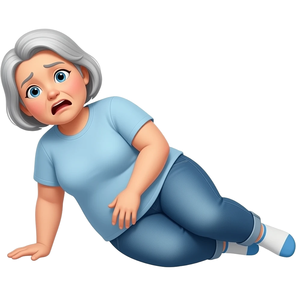 The whole body of a slightly overweight elderly woman with graying short hair wearing jeans and a t-shirt and socks with the look of painful surprise who fell to the floor on her left side emoji