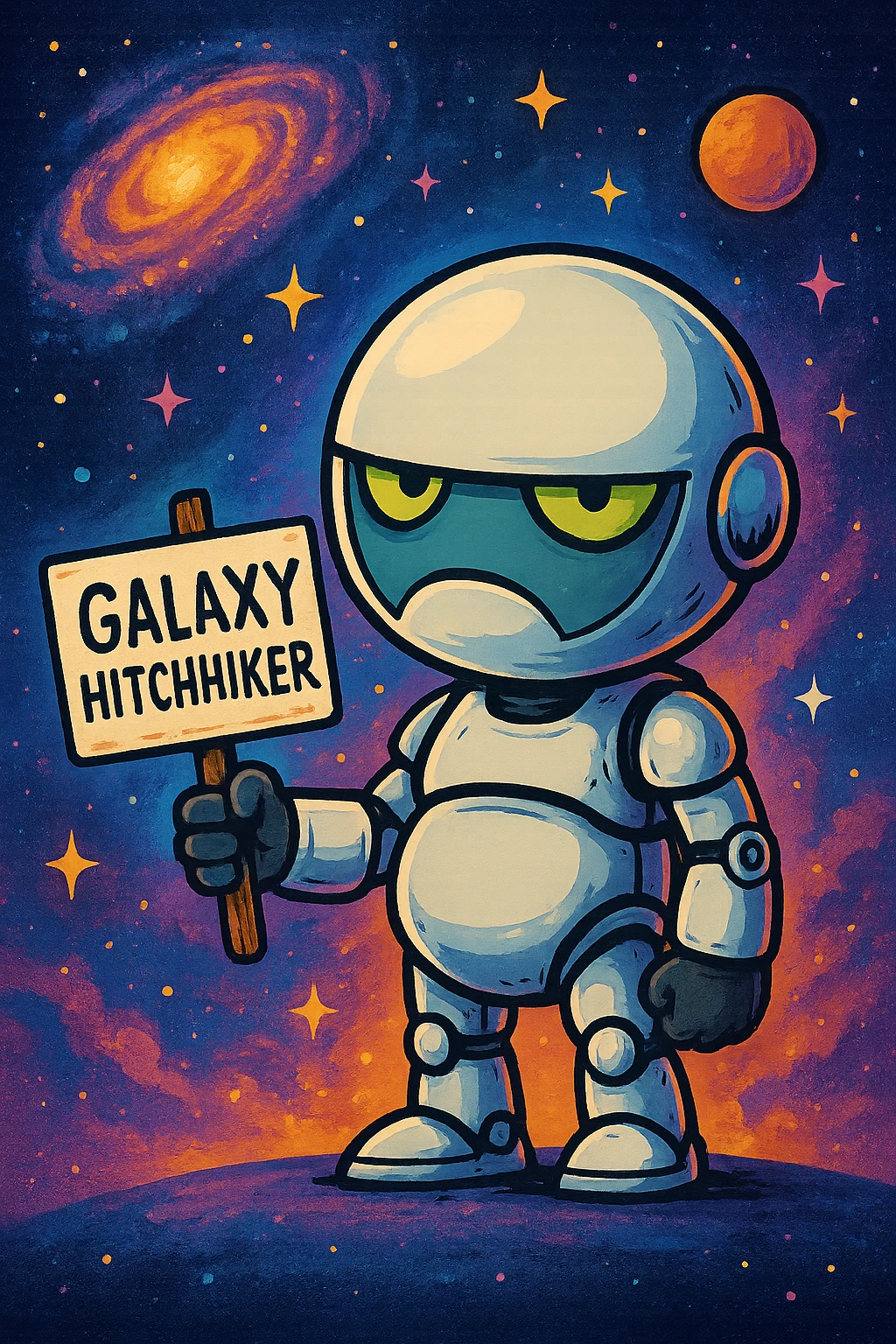 A robot hitchhiking across the galaxy, holding a sign that says 'Galaxy Hitchhiker', vibrant and colorful, cartoonish style emoji