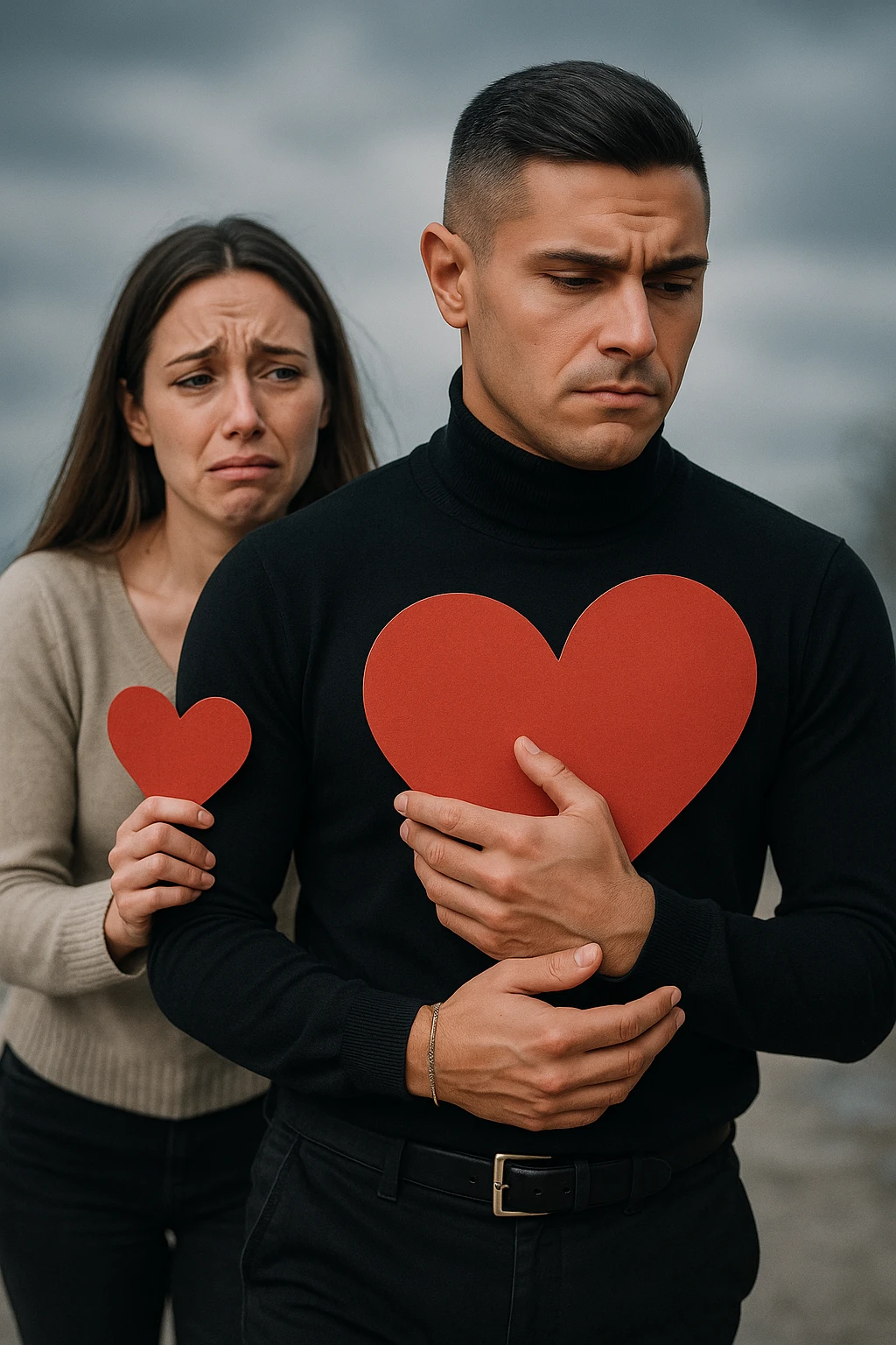 un uomo italiano in abiti casual si allontana da una donna che cerca di abbracciarlo. Lui stringe al petto un grande cuore rosso, mentre lei ne tiene uno più piccolo; entrambi hanno espressioni tristi, e la distanza emotiva è sottolineata da uno sfondo sfocato e freddo. emoji