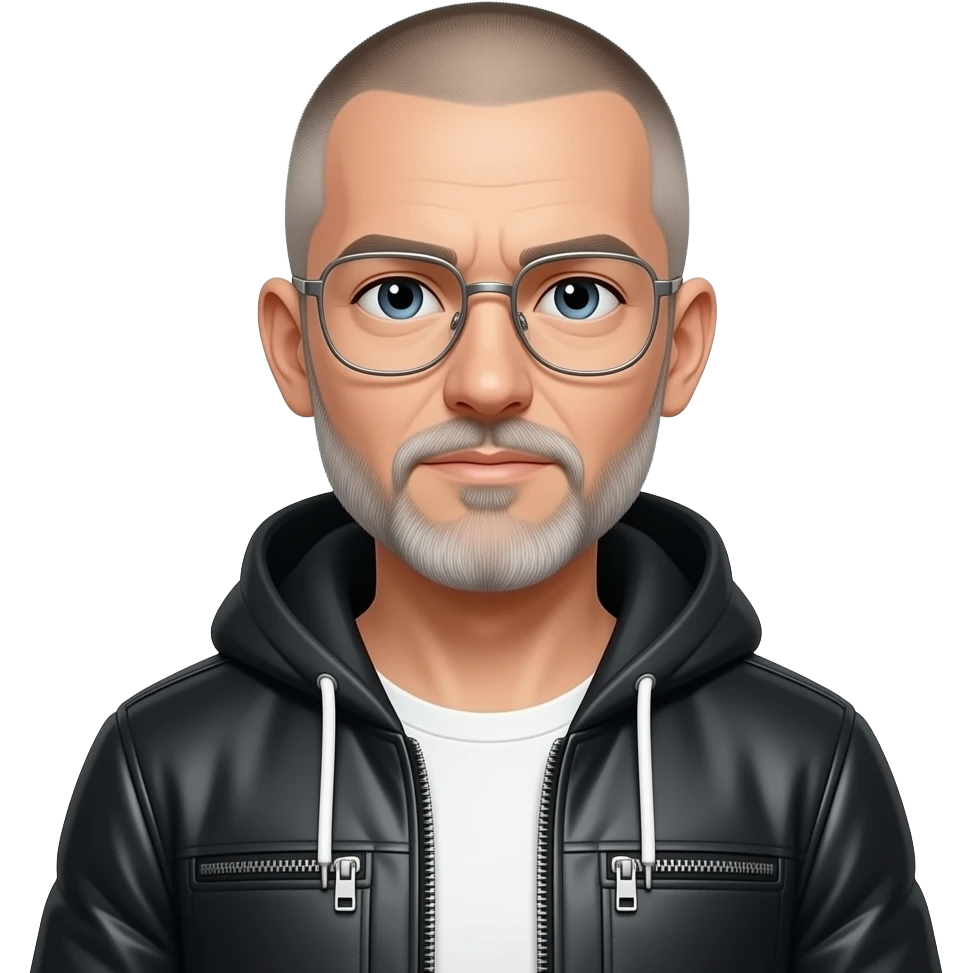 sad almost bald shaved short hair full-length photo of extreme streetwear clean-shaven face cool boy thin metal-framed glasses ery entellectual man, 65 years old, street wear stubble, shaved short with clippers emoji