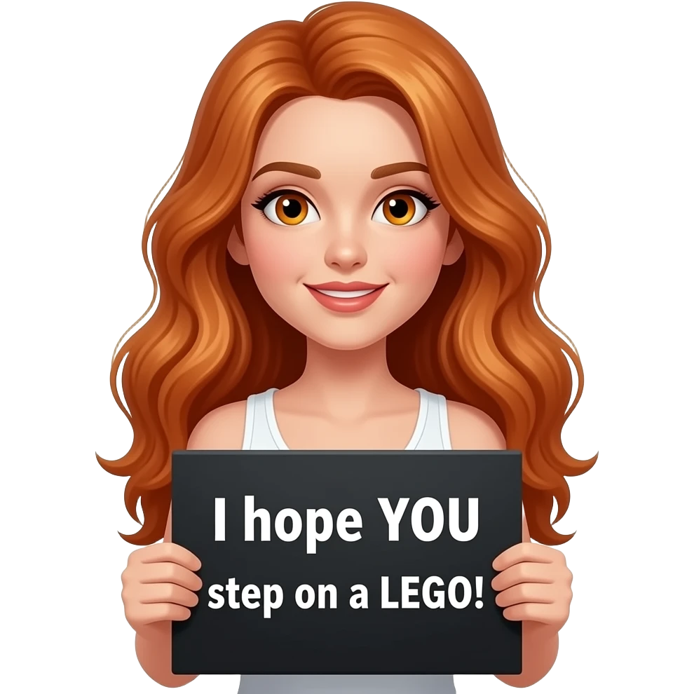 sexy girl with long wavy ginger hair and ginger eyes wearing a white tanktop is holding a black colored sign with I hope YOU step on a LEGO! written on it emoji