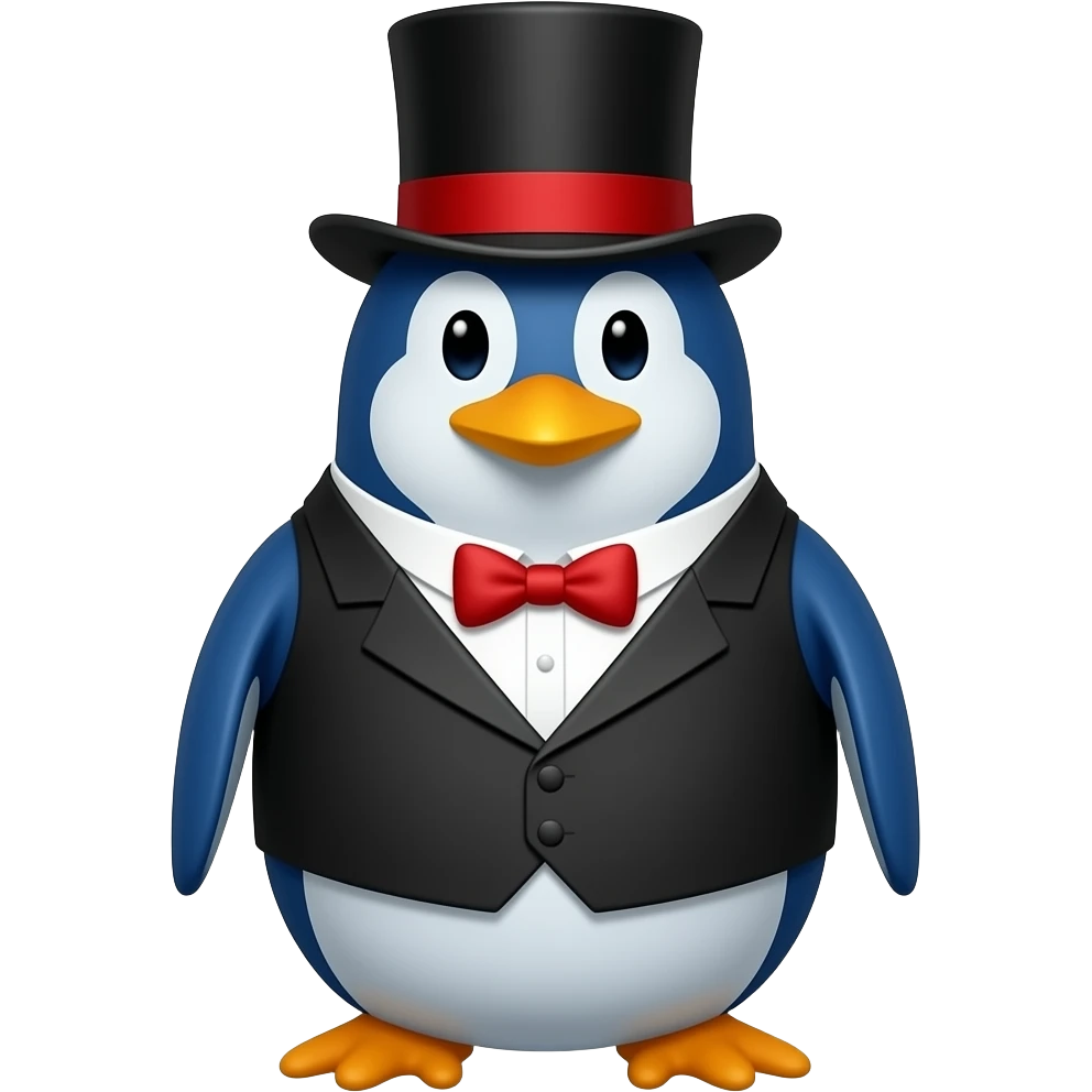 A penguin with a black top hat with a red stripe and a ringmaster suit and the penguin is blue emoji