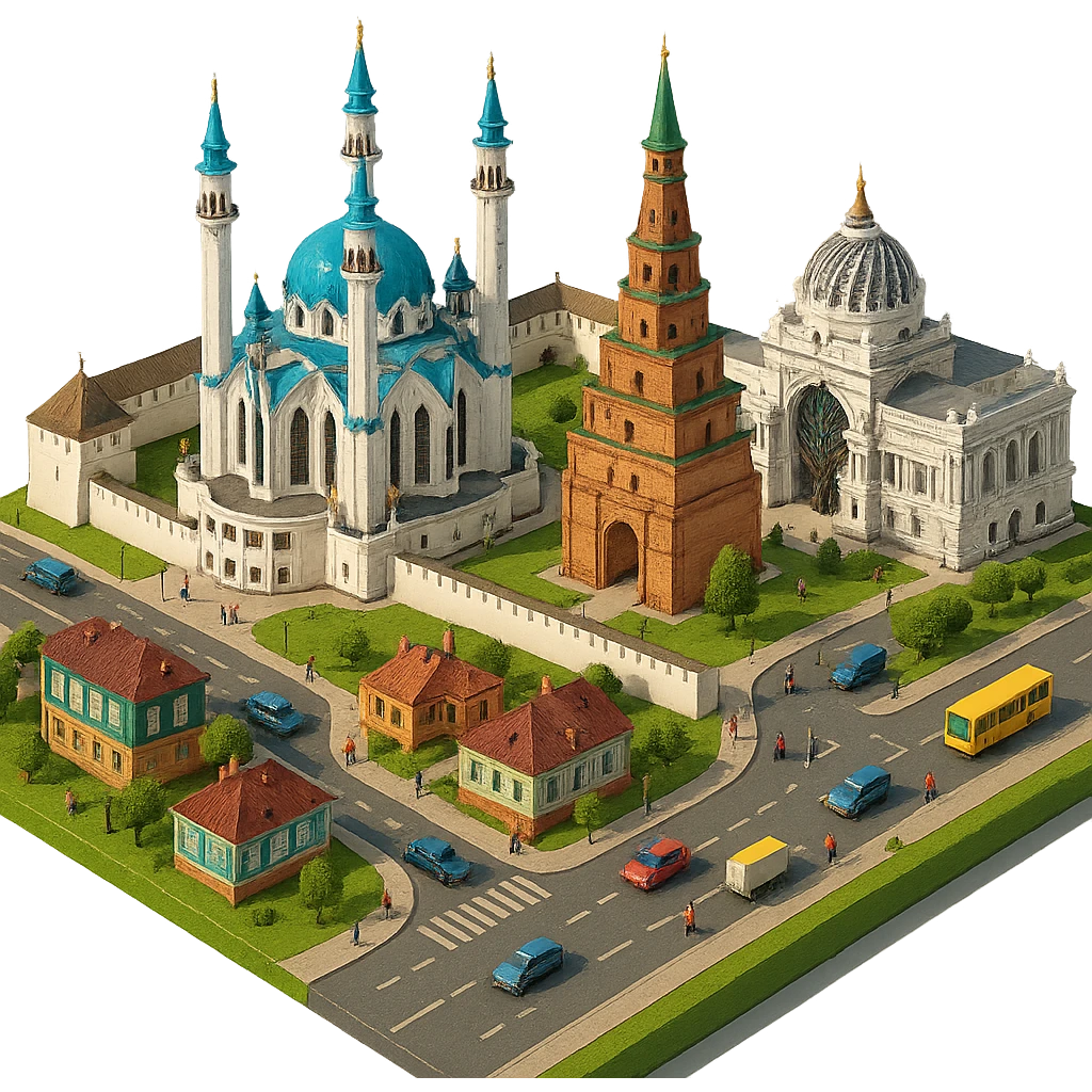 Изометричная миниатюрная фотореалистичная 3D модель Казани - Казанский Кремль, Кул-Шариф, Башня Сююмбике, Дворец земледельцев, казанские дома, автотранспорт четкие линии, яркие цвета, мультяшный реализм, люди, автотранспорт, компактная композиция, вид сверху в изометрии, прозрачный фон emoji