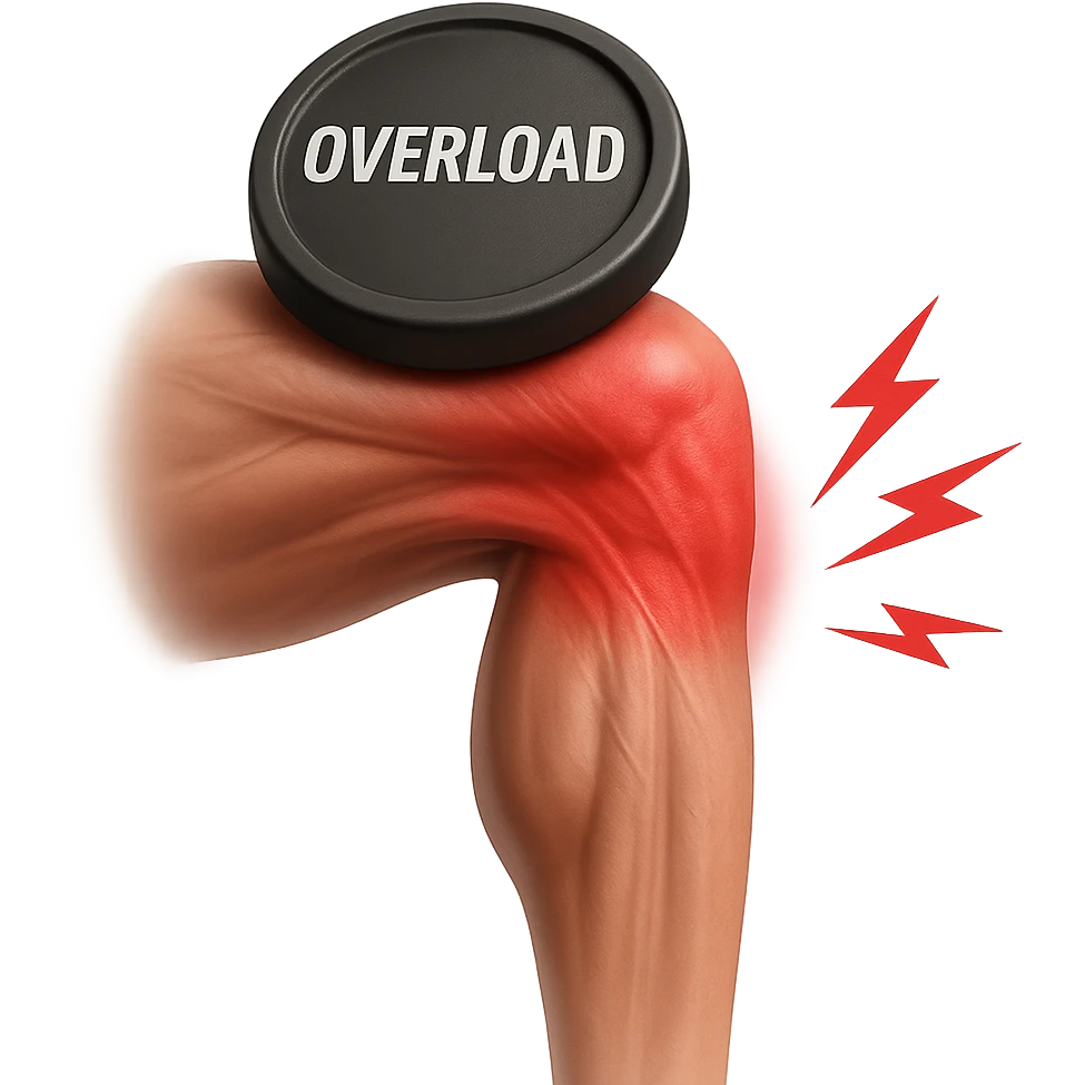 realistic human leg with overload represented by weight and pain symbols, tense muscles, red area, 3D effect, isolated on white background emoji