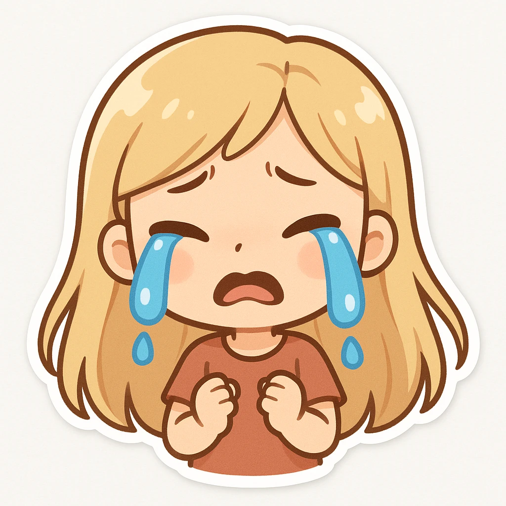 animated young girl with long blonde hair, sad and crying, blue cartoon tears, frown, plain white background, cute and expressive emoji