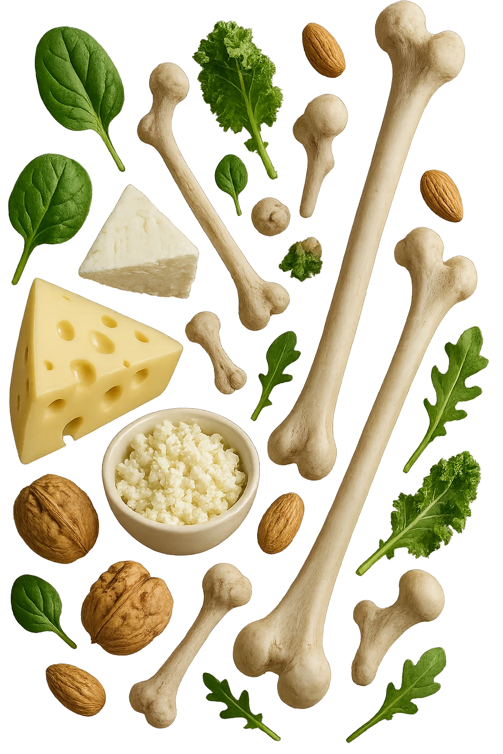latticini, verdure a foglia verde, frutta secca fluttuano in aria insieme ad ossi umani realistici, iperrealistici 4k emoji