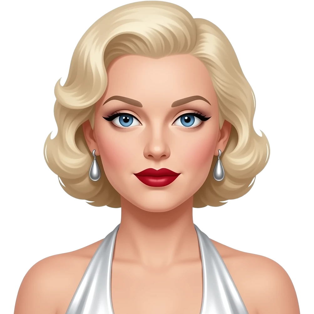 Jean Harlow with blue eyes, platinum blonde hair, white eyeshadow, dark red lipstick, white metallic halter dress, silver earrings emoji