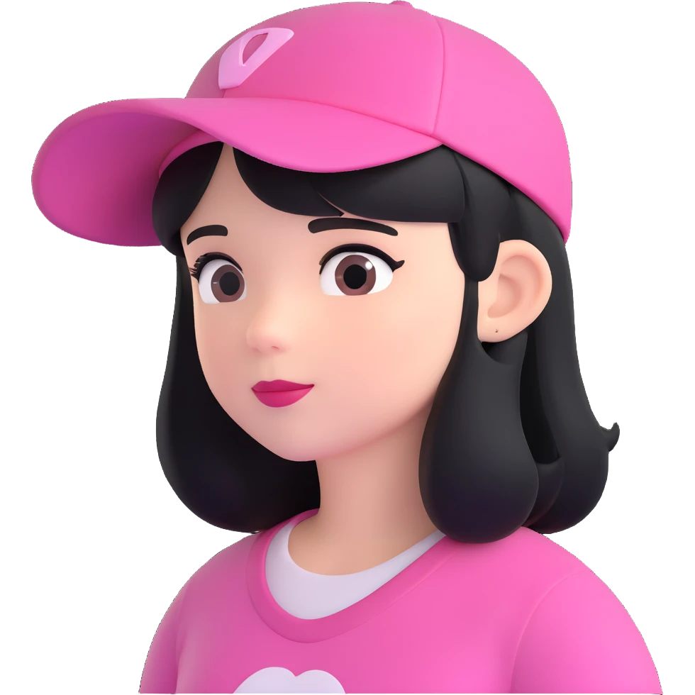 3D Disney style emoji of a girl with black hair, wearing a pink hat, looking sideways, referencing the provided image emoji