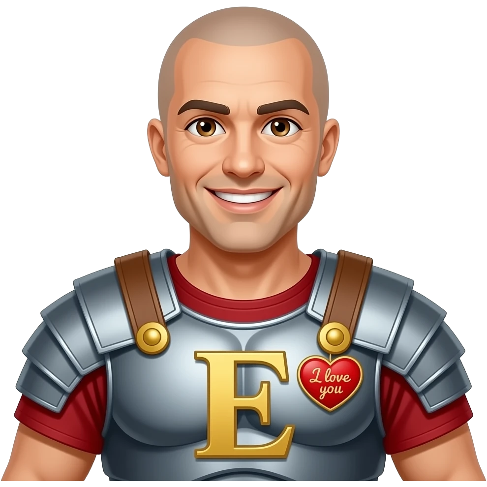 Muscular Roman soldier bald brown eyes smiling letter E on breast plate a heart outside that’s says  I love you located next to head emoji