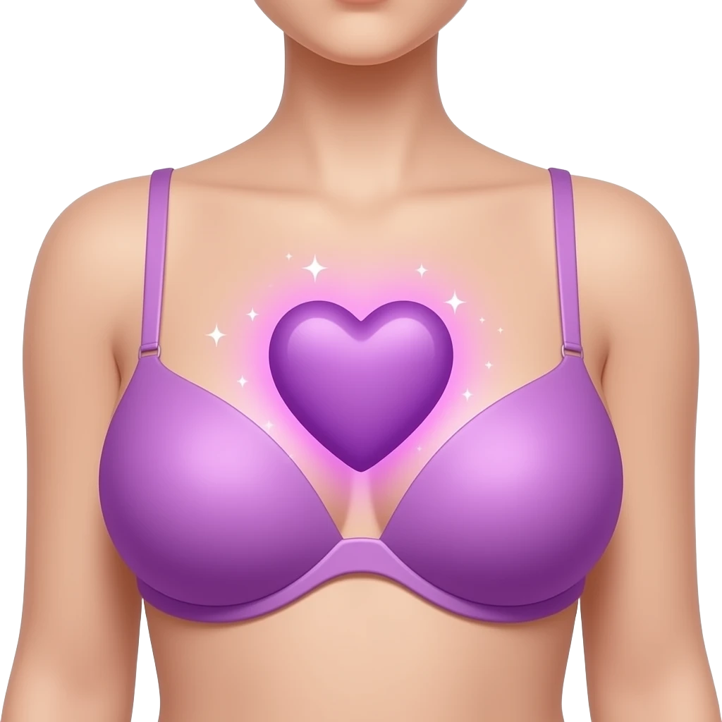 emoji of close up of a feminine torso ( who wear a bra )with an little ANATOMICAL purple heart in the chest, soft pink-purple aura with sparkles, smooth gradients, glossy finish, minimal details, neutral background. emoji