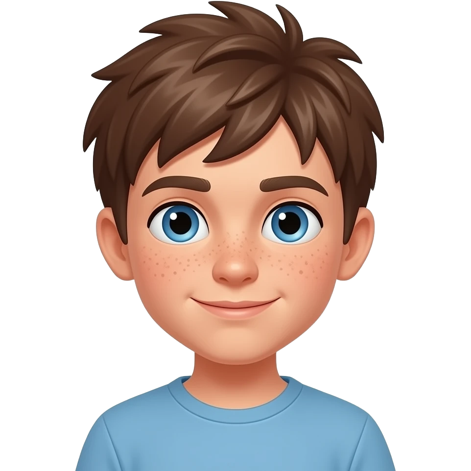 Hazme un chico con pelo rebelde castaño, ojos azules y unas pecas. emoji