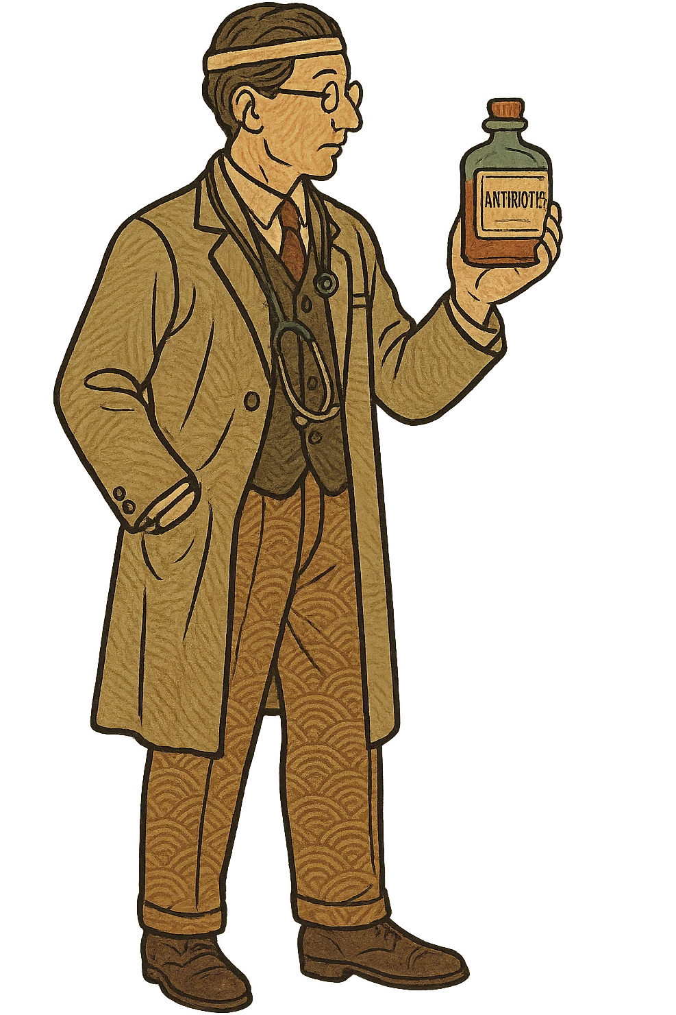 the full body of A 1920s doctor standing with a bottle of antibiotics facing the right emoji