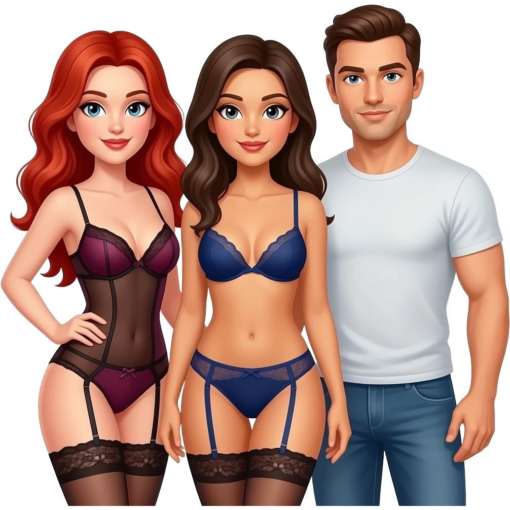 3 sexy people - 1 redhead female in lingerie, 1 brunette female in lingerie , 1 brunette male emoji
