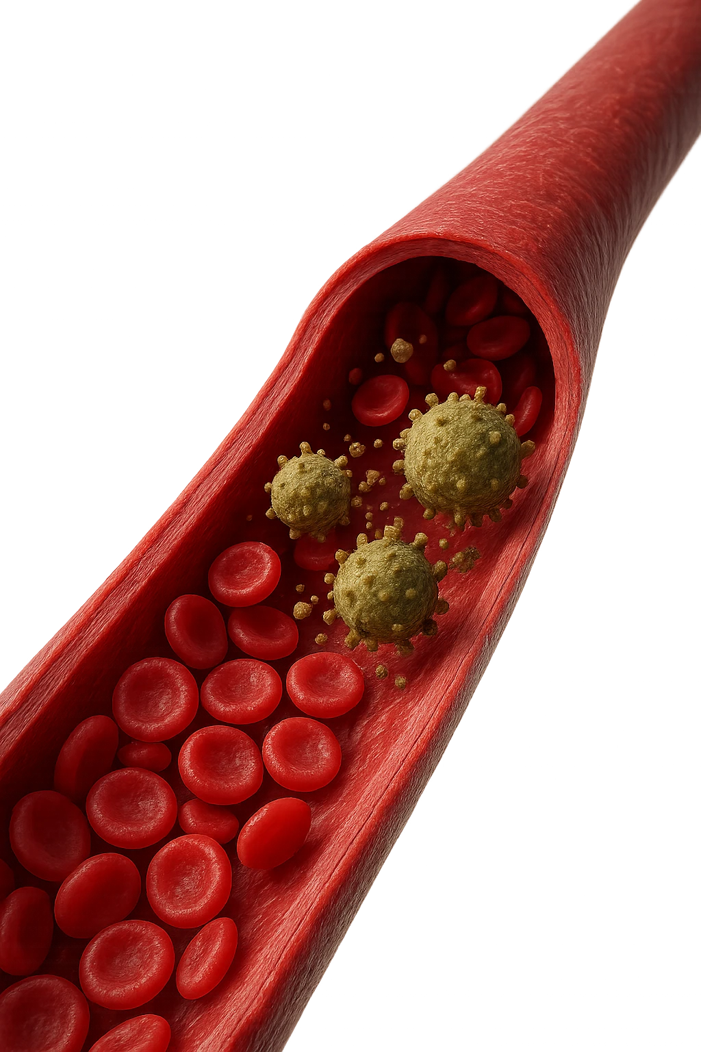 tossine che entrano in una vena umana anatomica realistica, vista dall'alto, iperrealistica 4k emoji