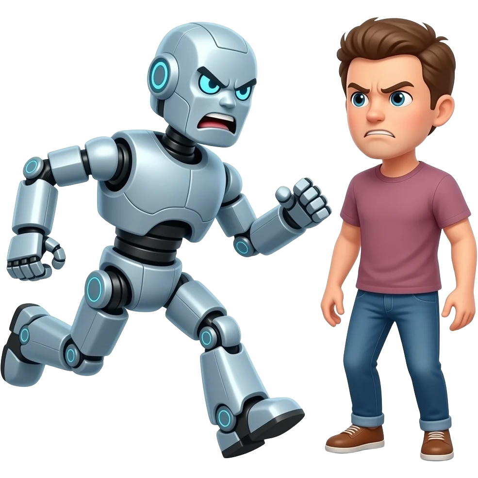 Angry robot chasing an frustrated human emoji