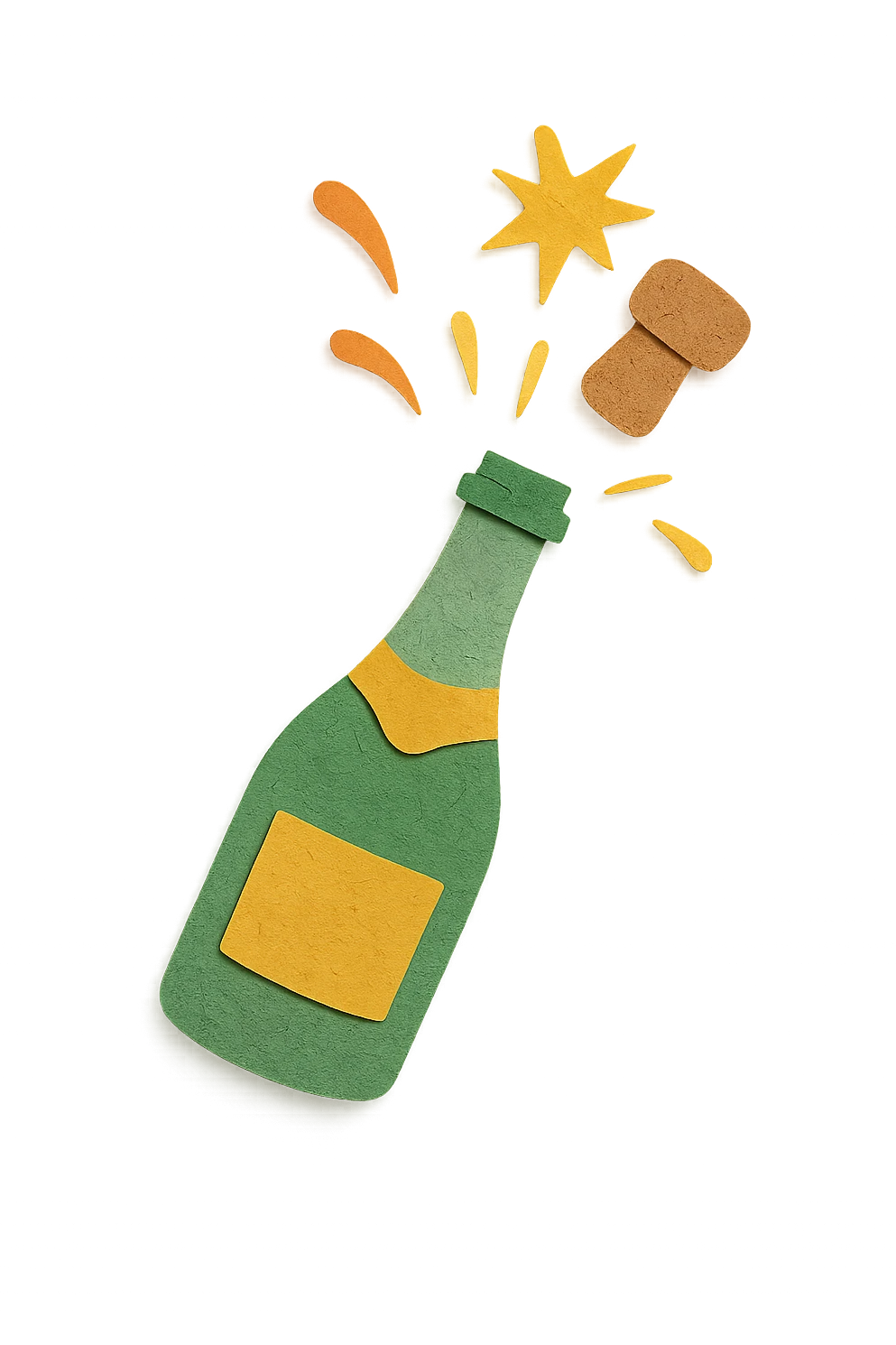 sparkling wine opening step 4: moment cork pops out, realistic light green champagne bottle color, no background emoji