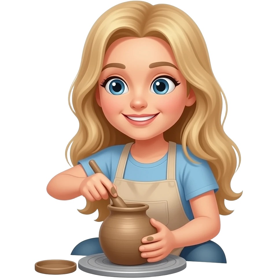Blond long hair female doing pottery, looks dawn and smiles emoji