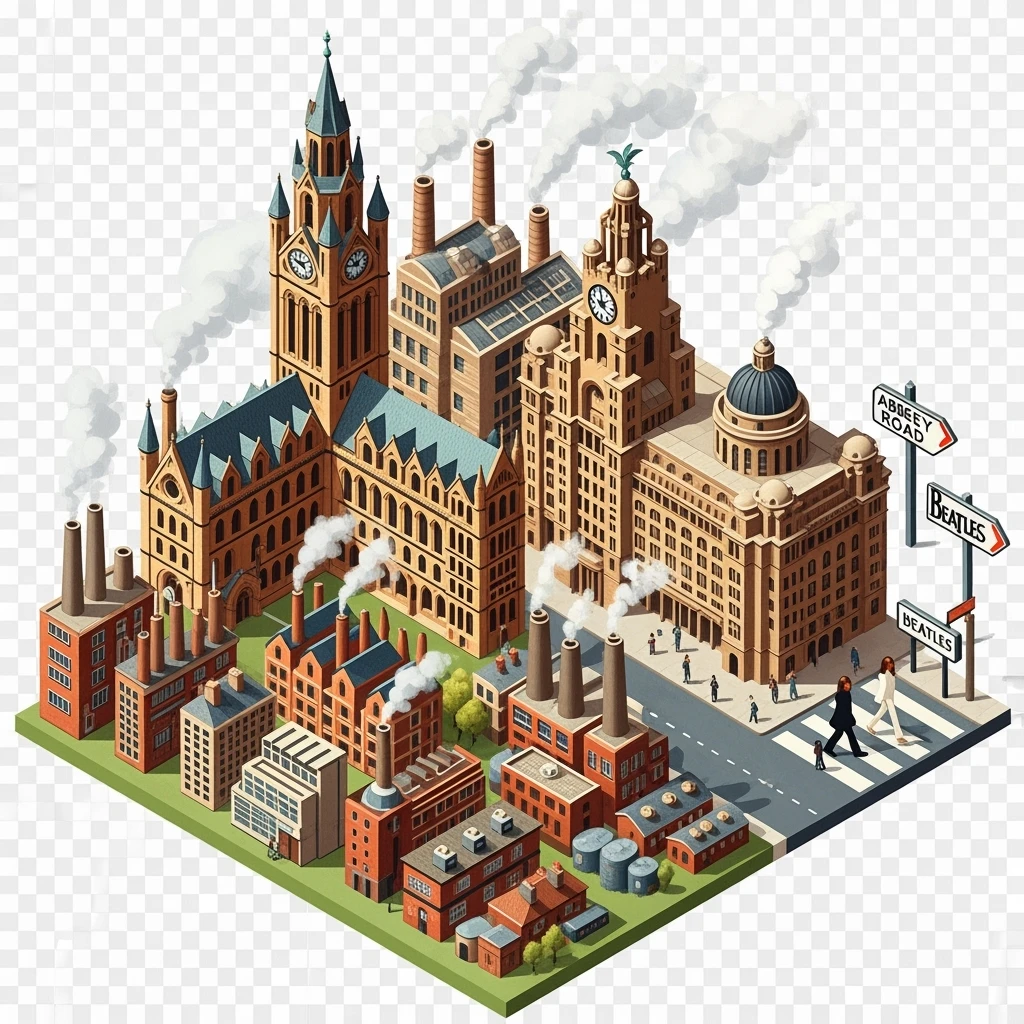 Isometric illustration of Manchester and Liverpool combined, featuring Beatles references (Abbey Road sign), Manchester Town Hall, toy-style factories, balanced between stylized painting and realistic, transparent background emoji