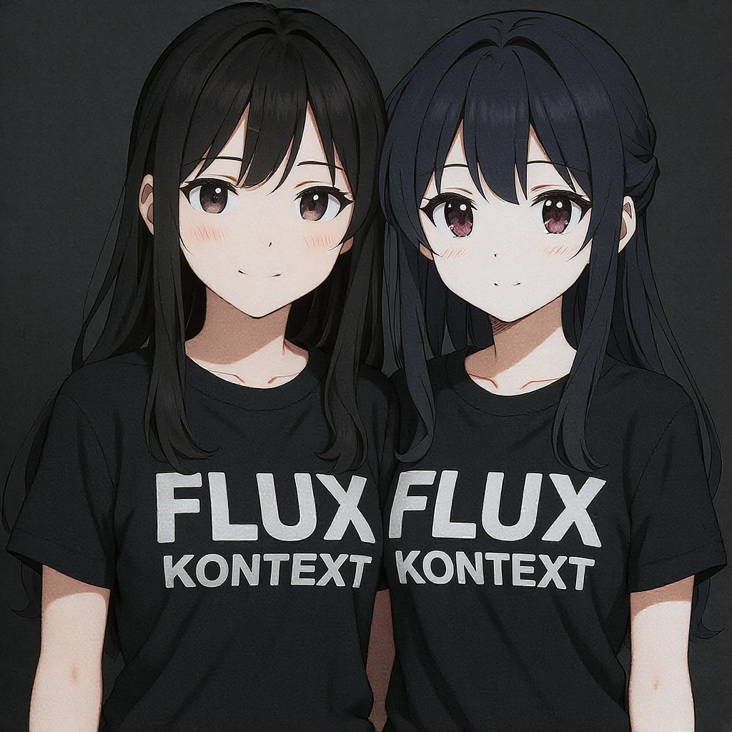 make a image of a girl with a anime version of that girl beside her wearing tshirt with text of FLUX Kontext emoji