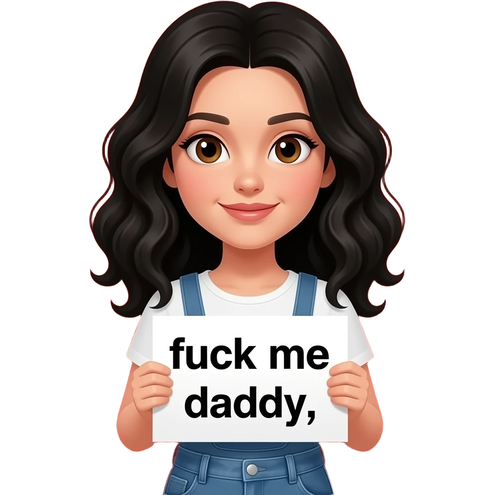 Pale girl with black wavy hair and brown eyes backed against the door of a red ford mustang 1968  holding a sign that says fuck me daddy emoji