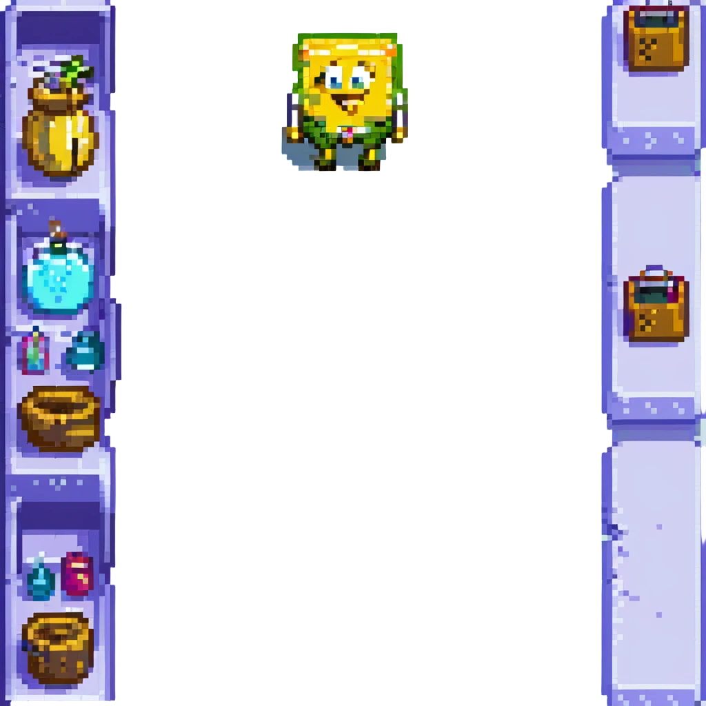 pixel art, Minecraft first-person perspective, Spongebob Squarepants standing in front of the player, inventory hotbar at the bottom emoji