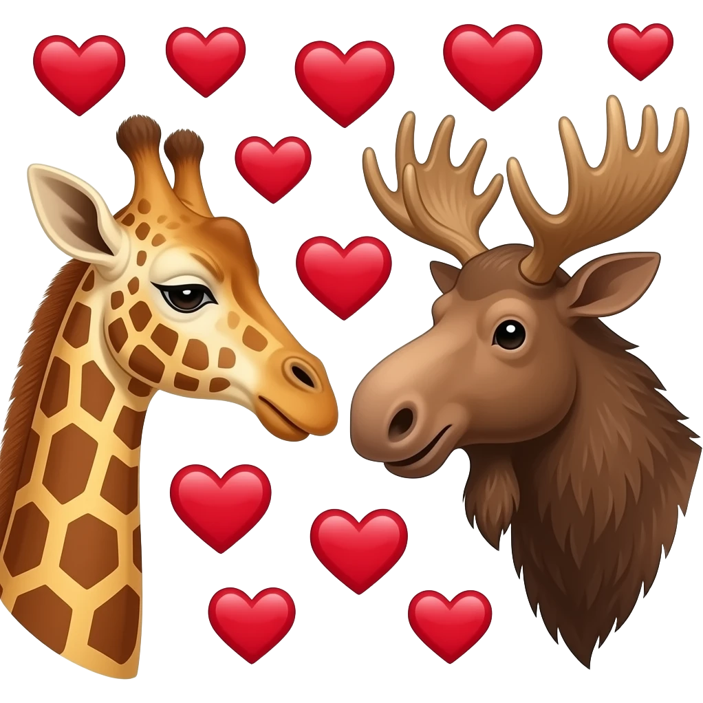 Giraffenkopf und Elchkopf schauen sich an und viele herzchen emoji