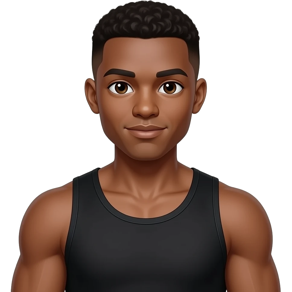 22 year old black man with brown low taper fade and it’s thick with a black tank top on with big muscles and the gains are popping out but the gains are the same color as his skin emoji
