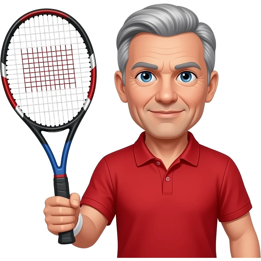 man, 60s aged, thin grey hair, blue eyes, tennis racket in right hand, red polo emoji
