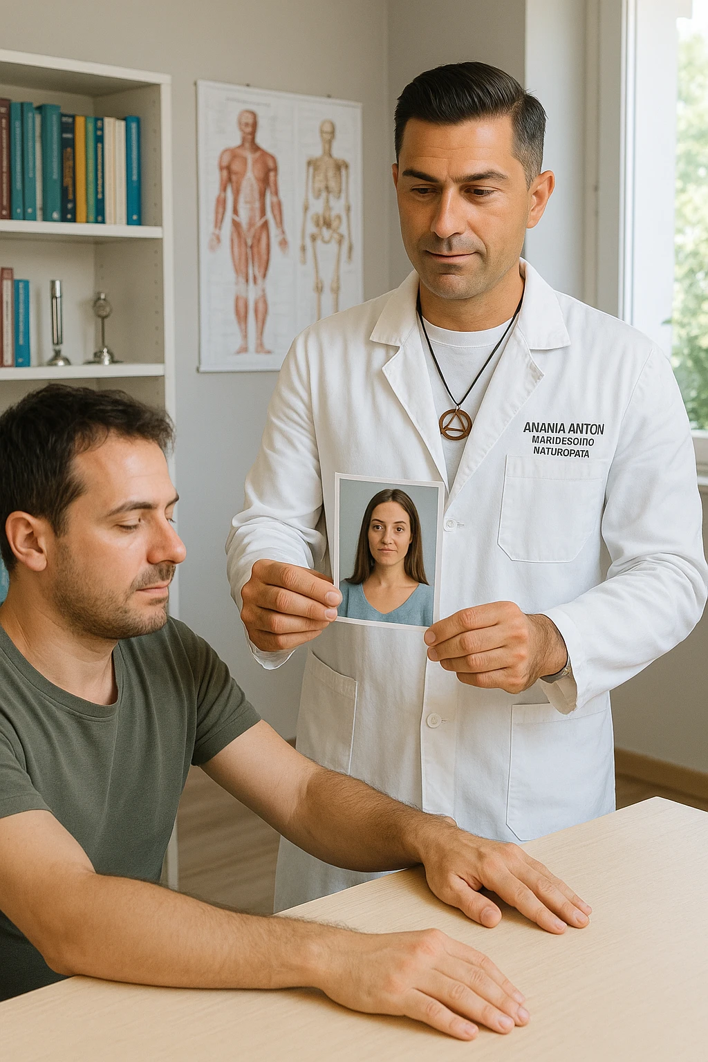 a middle-aged man, dressed in casual professional attire, is in a bright, organized therapy studio. Durante una visita di kinesiologia, il praticante tiene con una mano la foto di una persona lontana (il “testimone”) appoggiata su un tavolo, mentre con l’altra mano esegue un test muscolare su un cliente presente. Sullo sfondo si vedono libri di kinesiologia, poster anatomici e strumenti tipici della disciplina. L’atmosfera è concentrata e serena, con luce naturale che entra dalla finestra, sottolineando l’aspetto alternativo e umano della pratica. emoji