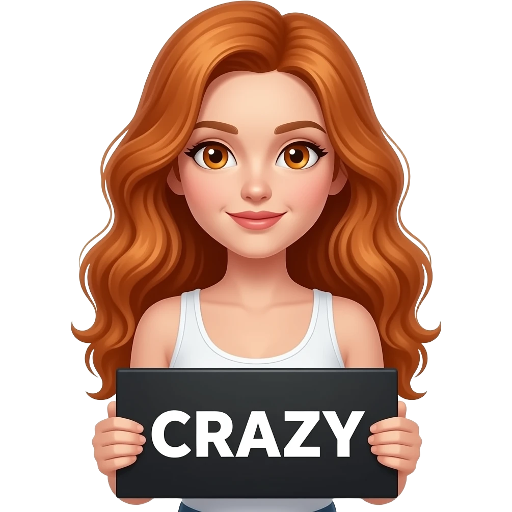 sexy girl with long wavy ginger hair and ginger eyes wearing a white tanktop is holding a black colored sign with CRAZY written on it emoji