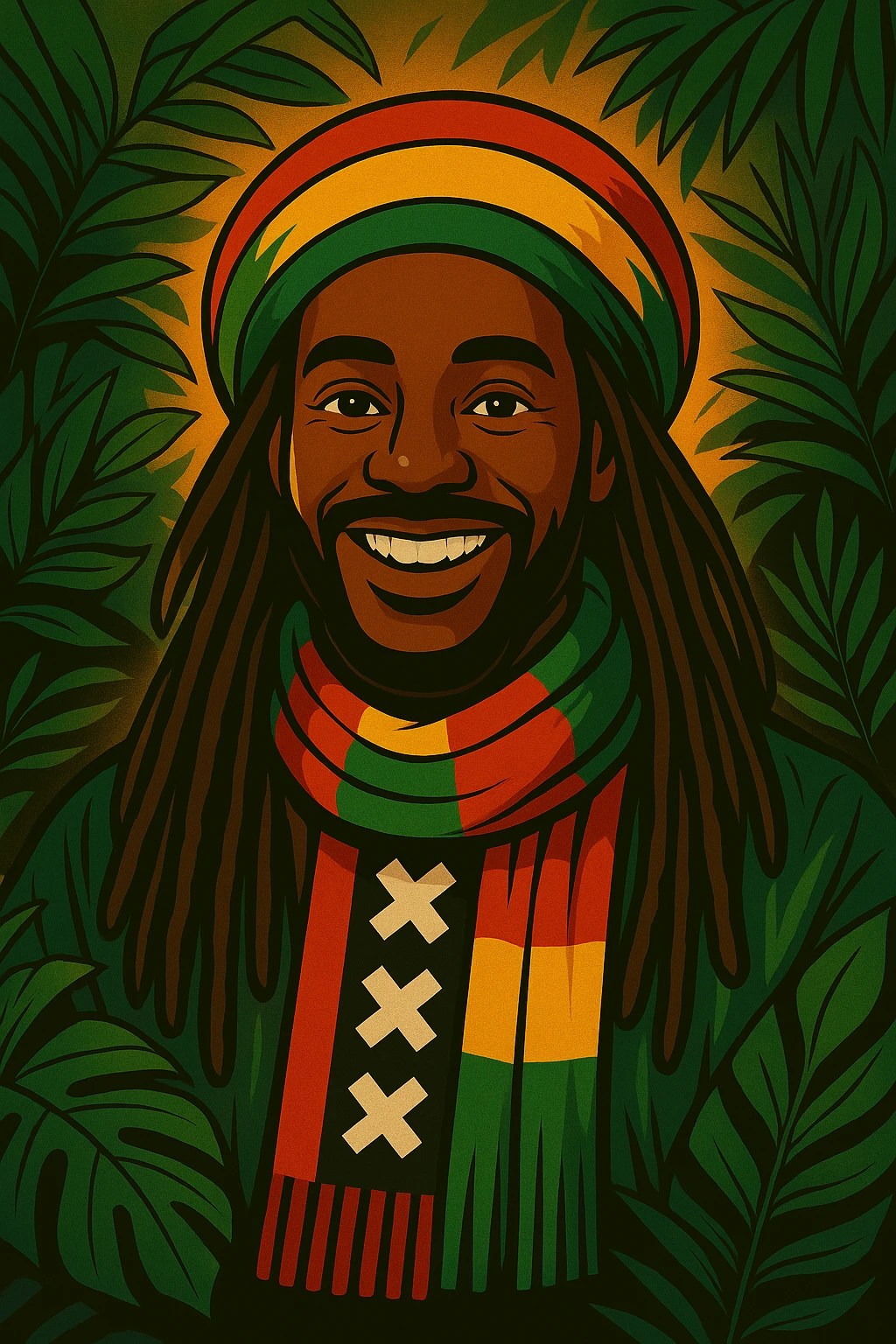“Create a powerful illustrated portrait of a smiling man with long dreadlocks, wearing a colorful red, gold, and green knitted tam. The background has jungle leaves and warm lighting. Style: vibrant digital art, modern, bold lines, reggae vibe. With a Amsterdam colour scarf around his neck I gave a idea emoji