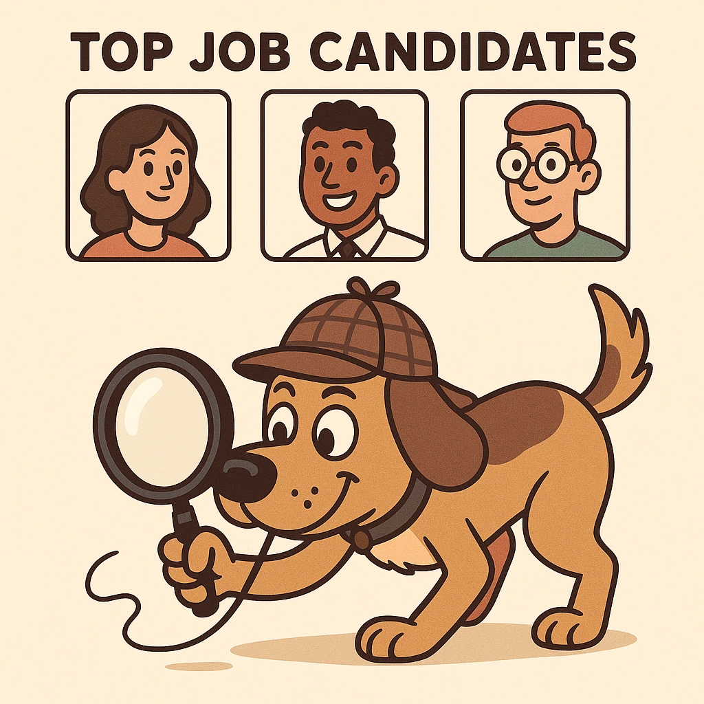 playful dog wearing a detective hat, holding a magnifying glass, sniffing out top job candidates, cartoon style, friendly expression emoji