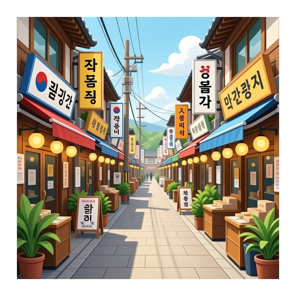 aesthetic korean traditional market alley emoji, narrow crowded street, small shops with hanging korean signs, colorful awnings, lots of details, plants and lights, warm sunlight, minimal but lively style emoji