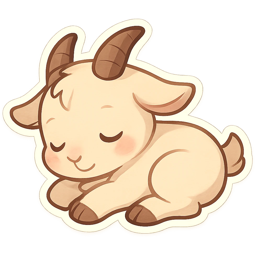 chibi goat, taking a nap, curled up, peaceful expression, simple background emoji