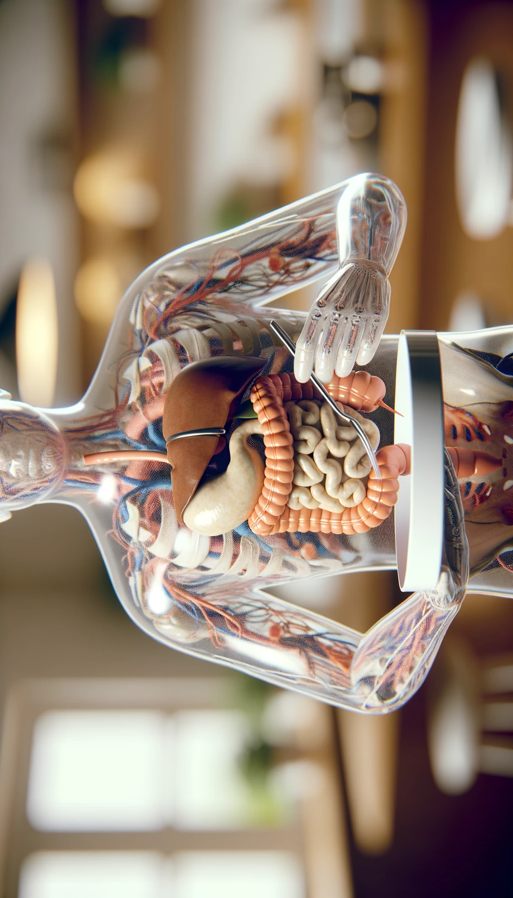 corpo umano anatomico con colori realistici e intestino in evidenza, che tiene in mano un piatto bianco con la lancette di un orologio sopra, figura visibile fino ai fianchi, espressione del volto soddisfatta, sullo sfondo la sua cucina sfocata con toni chiari neutri, iperrealistico 4k emoji