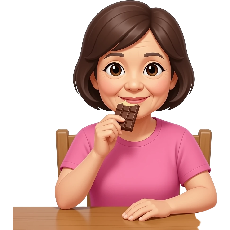 Asian grandma wearing pink tshirt with short brown hair eating chocolate emoji