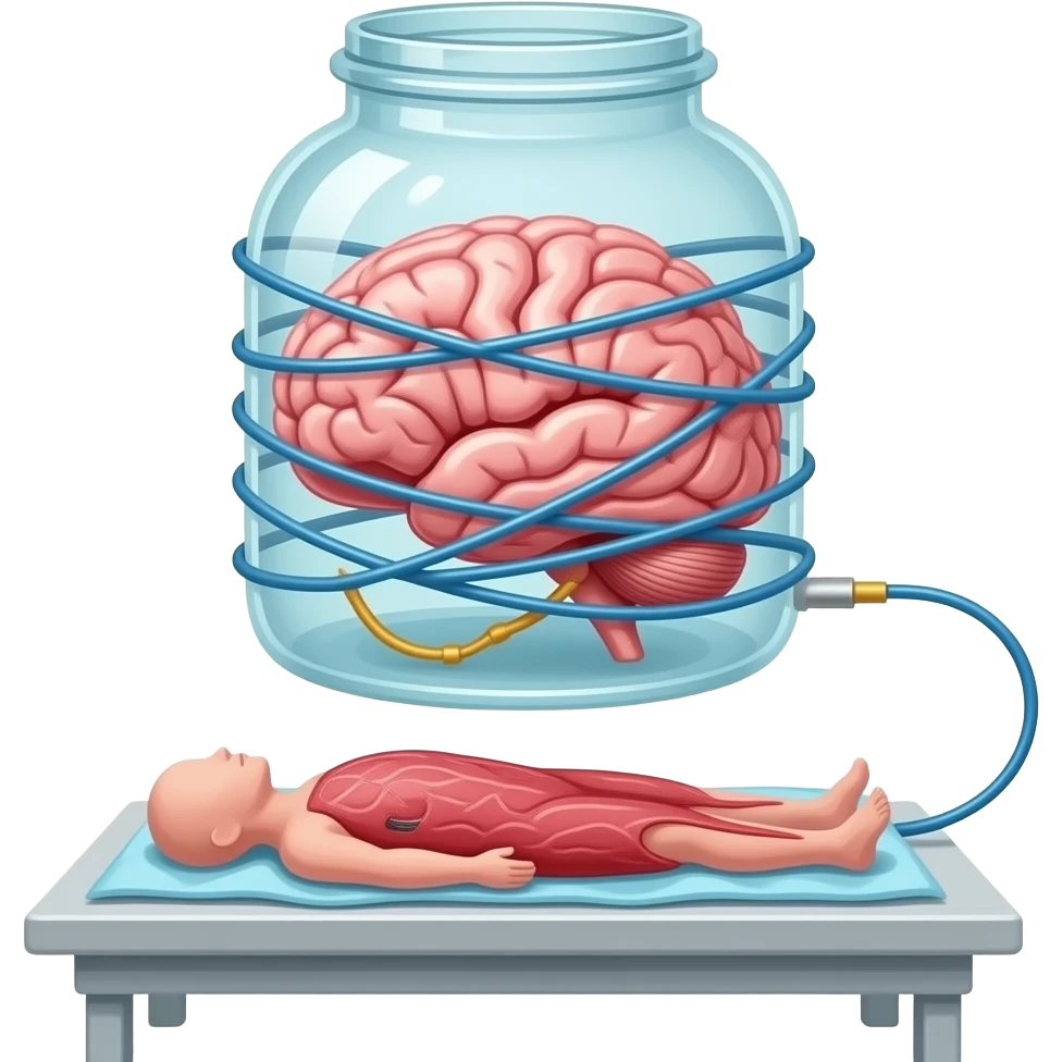steampunk style - a brain placed in medical preparations that is connected to an electrical circuit, a glass jar wrapped in high-voltage wires floats above the autopsy table emoji