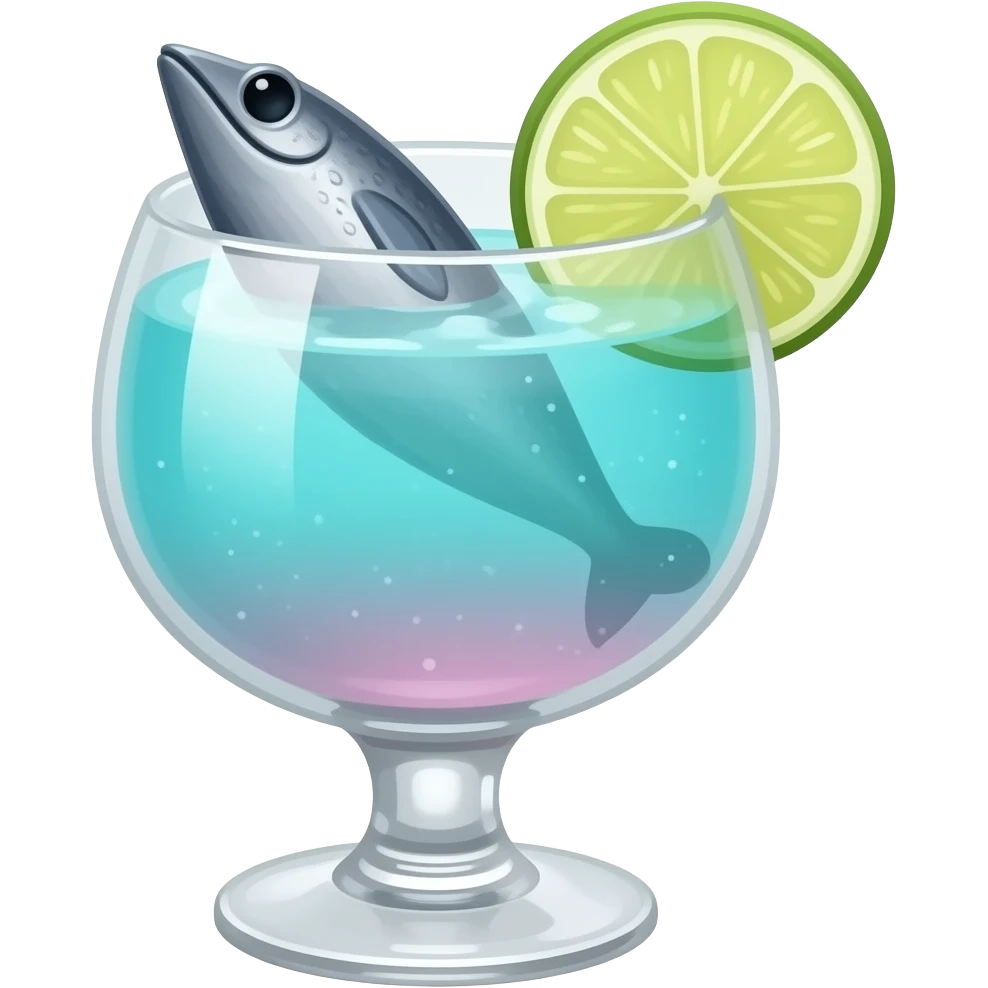 hangyodon the sanrio character themed turquoise and pink colored cocktail in coupe glass with actual illustration of hangyodon as a garnish emoji