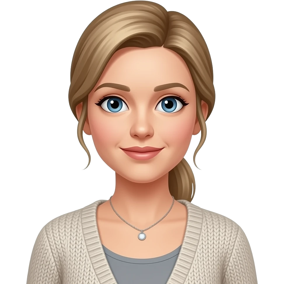 smaller Blue eyes, fair skin, longer blonde/brown hair pony tail, 38 aged women, cardigan, grey top,small necklace, emoji