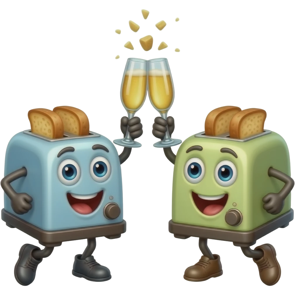 An alive toaster doing 🥂 cheers with another alive toaster emoji
