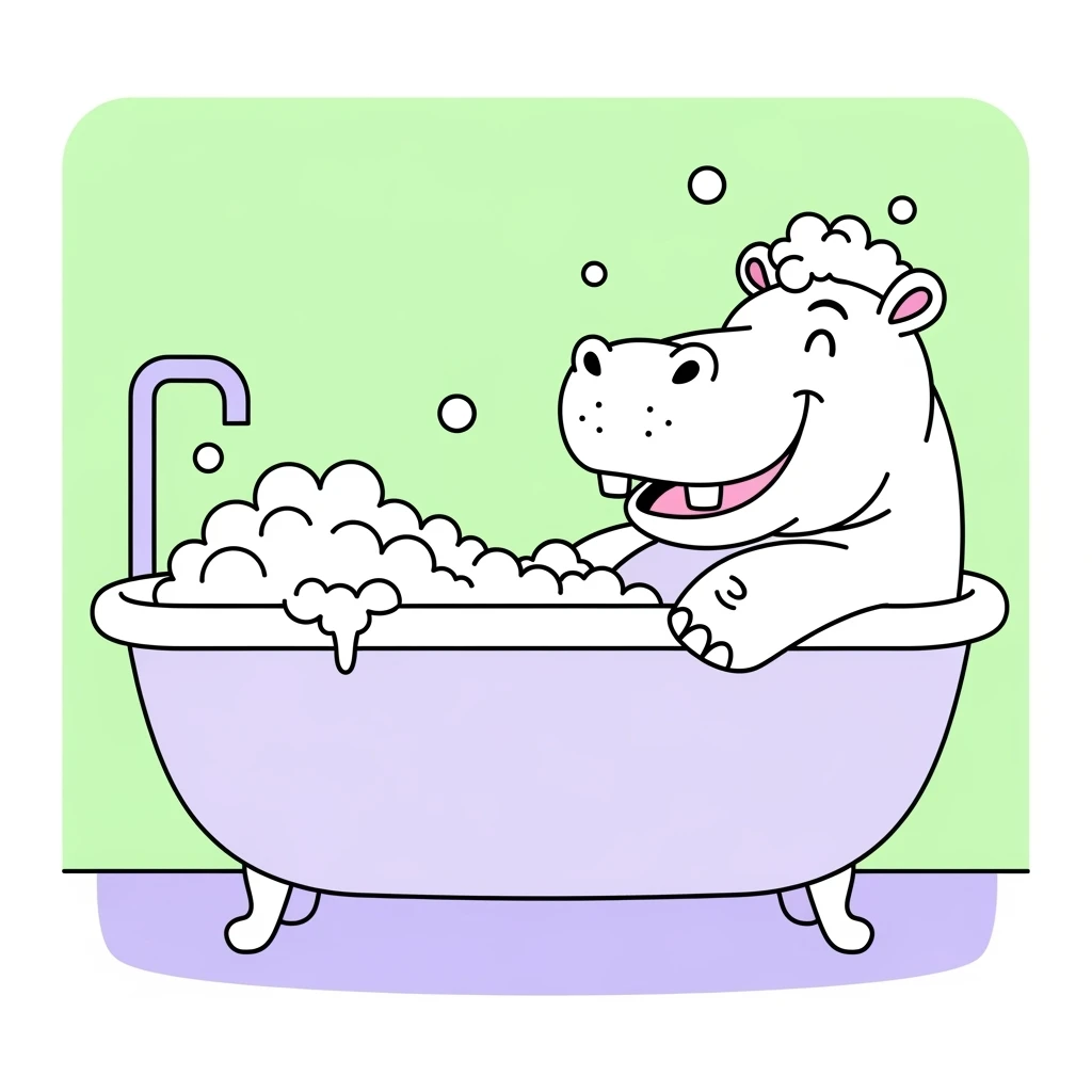 color vector art with thin outline of happy hippo with bubbles in bathtub emoji