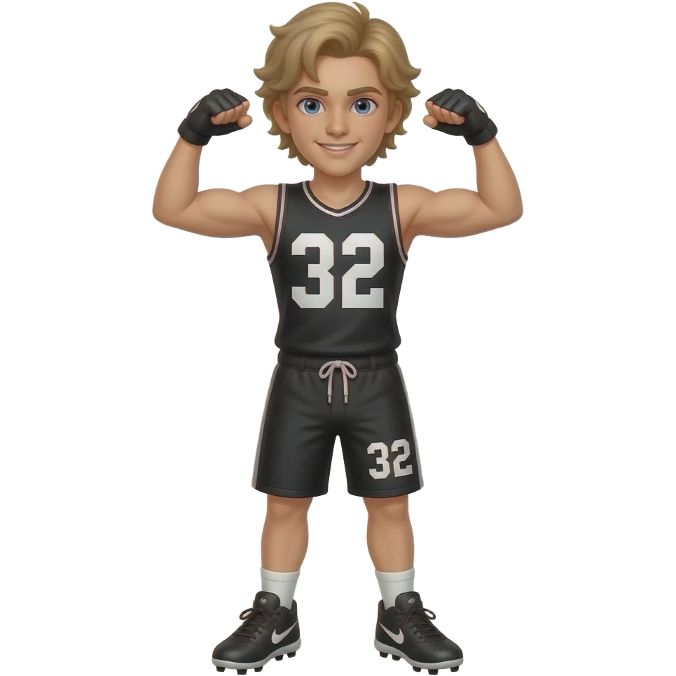White skin teenager boy with blonde medium hair black tank top with white number 32 black shorts number 32 Nike cleats flexing with the footbal black gloves emoji