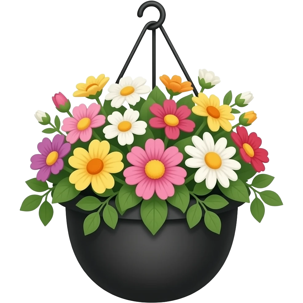 black hanging pot with flowers emoji