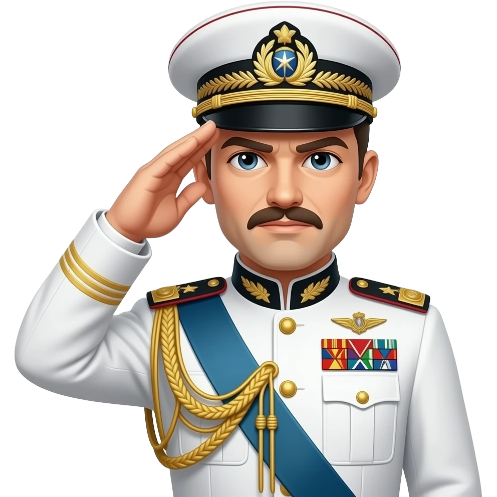 A highly decorated army general, wearing white, with a serious face saluting emoji