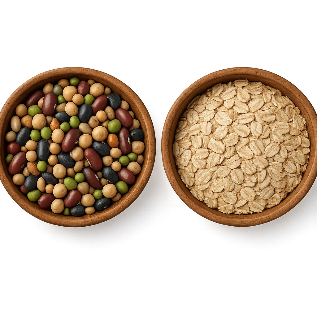 BOWL DI LEGUMI INSIEME A BOWL DI FIOCCHI DI AVENA POGGIATE,  iperrealistico 4k emoji